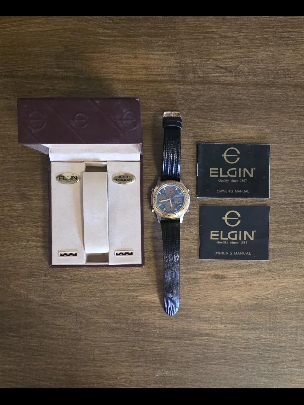 Elgin Ana-Digi Chronograph Alarm Quartz Watch/Complete Vintage Set